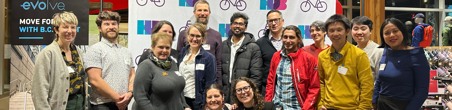 A group of 15 TransLink staff members pose for a photo at HUB Bike Awards.
