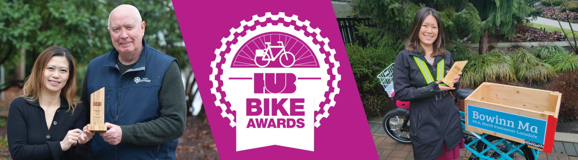 HUB Bike Awards banner. Features images of Burnaby's Mayor Mike Hurley and MLA Hon. Bowinn Ma.