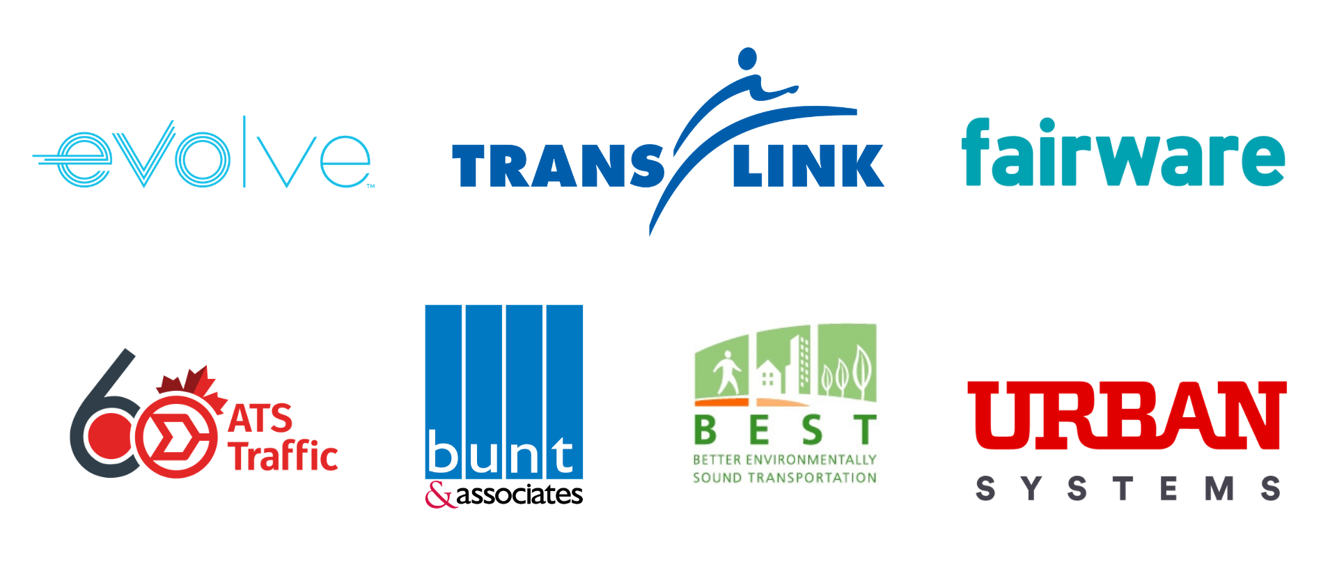 Sponsor slurry with logos from evolve, TransLink, fairware, ATS Traffic, bunt 7 associates, BEST, and Urban Systems.