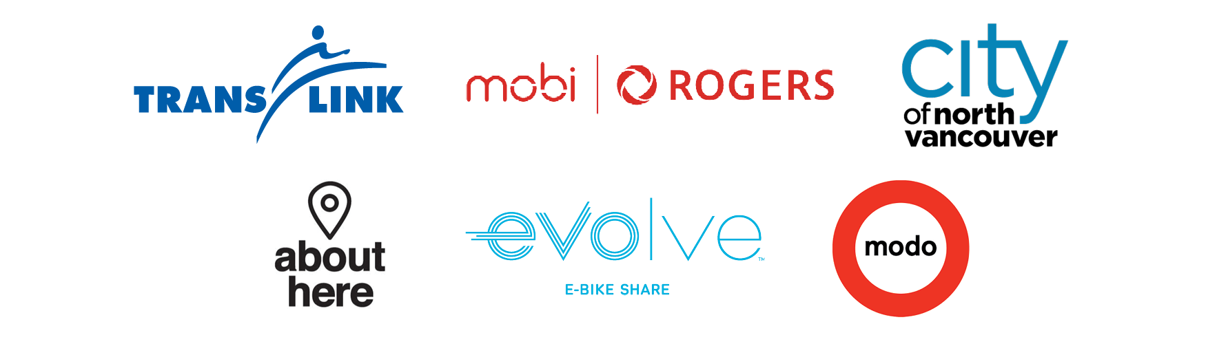 A sponsor slurry with logos from TransLink, Mobi by Rogers, City of North Vancouver, About Here Videos, Evolve, and Modo.