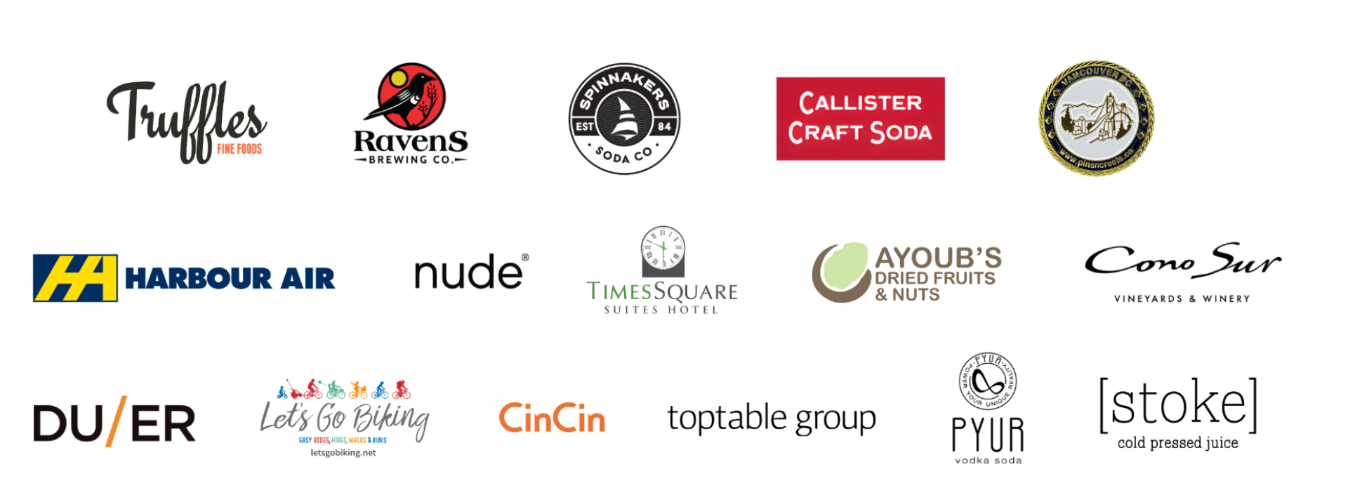 Supporter slurry with logos from Truffles Fine Foods, Ravens Brewing Co., Spinmakers Soda Co., Callister Craft Soda, Harbour Air, nude, Times Square Hotel, Ayoub's Dried Fruits and Nuts, ConoSur Vineyards & Winery, DU/ER, Let's Go Biking, CinCin, toptable group, PYUR, stoke cold pressed juice, and more.