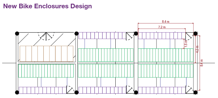 A blueprint sketch of the new Kwantlen Polytechnic University's new bike enclosures design.