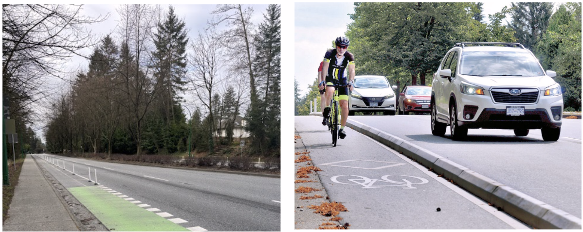 Two pictures side by side. The left photo features a painted green bike lane with separated bollards. The second photo shows two cyclists biking in a bike lane separated by a cement boulder. Three vehicles are driving on the road on the other side of the boulder.