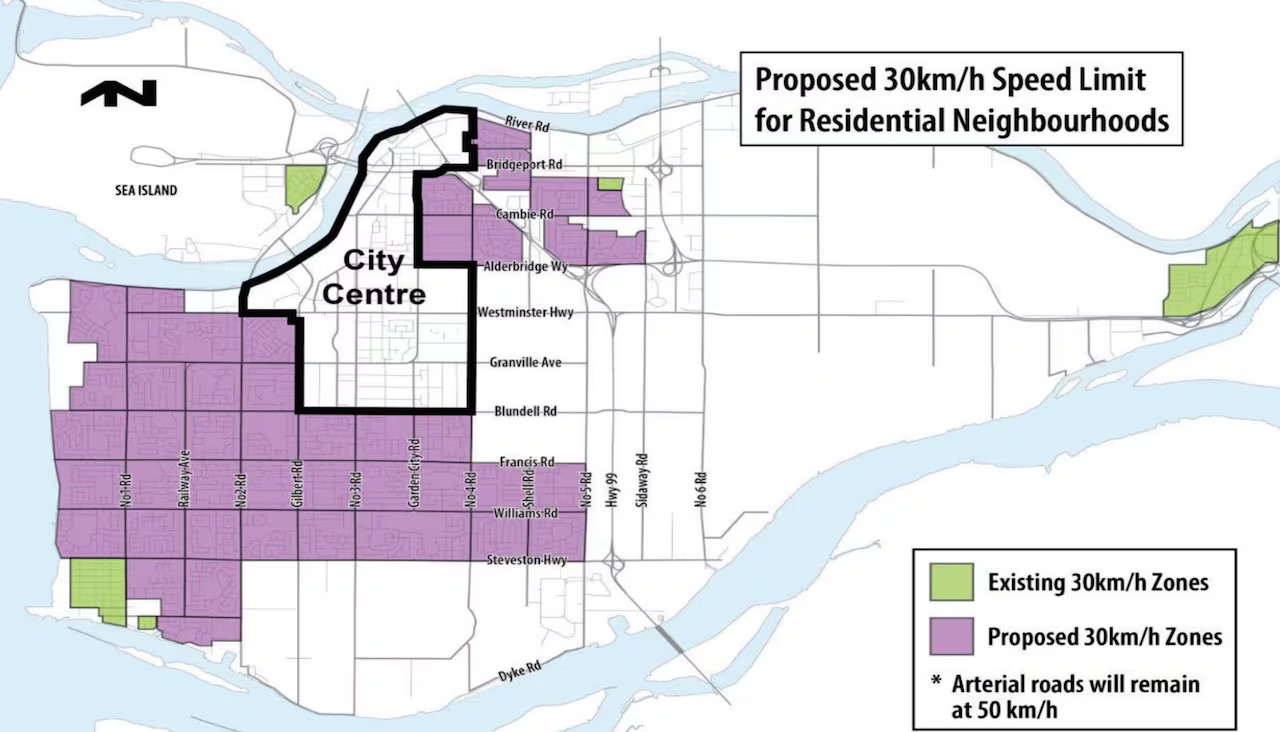 a map of Richmond, showing where the new 30km/h speed limits will be implemented