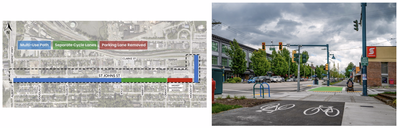 Two photos side by side. The photo on the left shows a map drawing indicating where the new St. Johns Street MUP is. The second photo shows the separated bike lanes near an intersection in Port Moody. Someone using a motorized scooter is crossing the street in the bike lane.