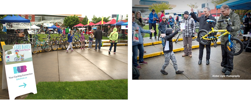 Two side-by-side photos from a community bike event. The left image shows a HUB Cycling sign reading “Free Bikes – Kids’ Giveaway!” with a group of people, children, and bikes lined up under tents at an outdoor event. The right image captures a joyful moment where a child raises a hand in celebration while a man hands over a yellow bike; people around are clapping and smiling. A photographer credit reads “Amber Light Photography.”