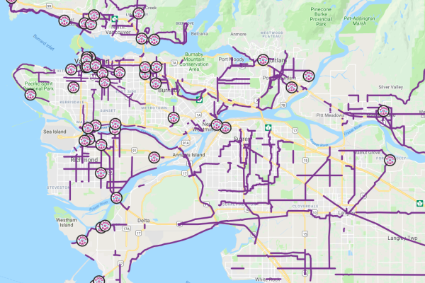 Metro Vancouver regional bike route map showing an extensive purple cycling network