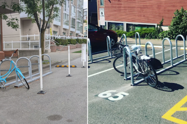 Two images side by side showcasing bike corrals.