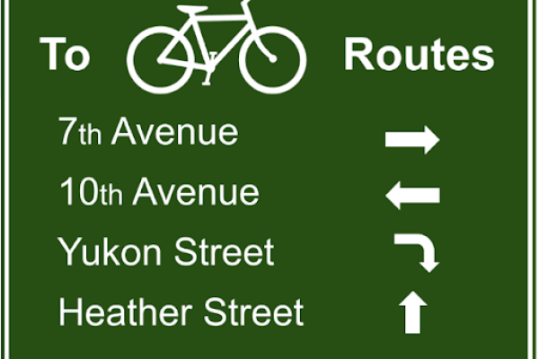 A nearby bikeway sign. Shows the nearby directions to 7th Avenue, 10th Avenue, Yukon Street, and Heather Street.