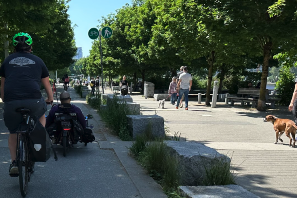 A cyclist wearing a green helmet and dark clothing rides along a paved path in a sunlit park, flanked by trees and greenery. Another person ahead navigates a low recumbent bike. The path is split into two lanes marked for pedestrians and cyclists, with several people walking on the right side—some accompanied by dogs. Benches and stone blocks line the pedestrian lane, adding to the relaxed, communal atmosphere of the scene.