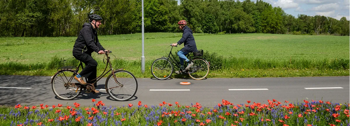 Two people ride bikes on a cycle highway.