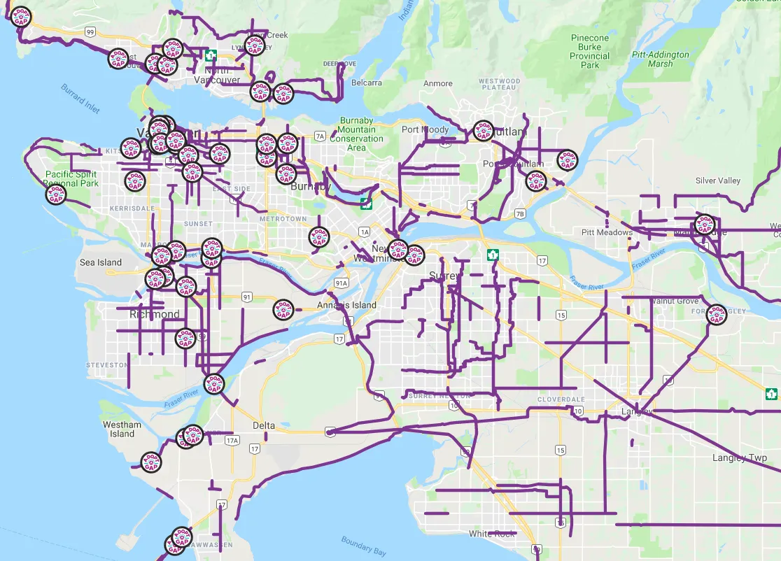 A map of Metro Vancouver's gaps in the bike network.